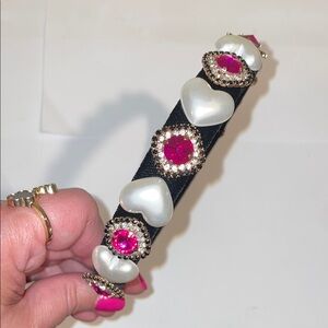 Elegant Black Headband with Pink Gems and Pearls